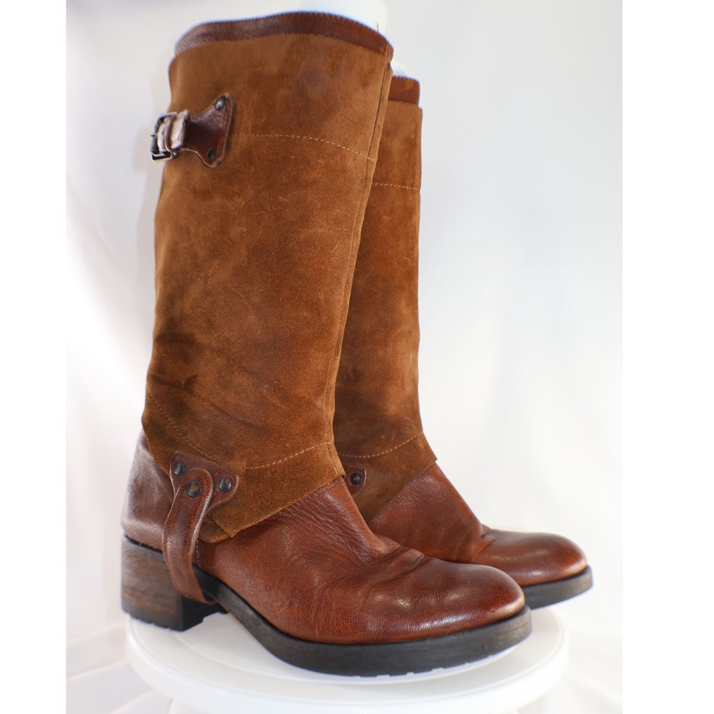 Vera Wang Womens 7.5 Brown Leather Suede Harness Tall Boots Made Italy Moto